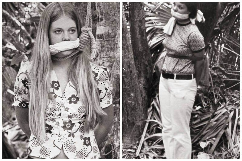 Paula “Sue” Wells and Nancy Trotter in a re-enactment of their abduction.