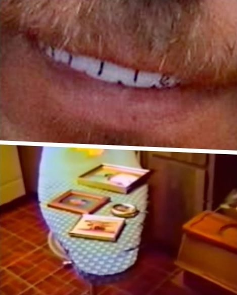 Joseph Zieler / "KILLER" written on his teeth / Ironing board with photos