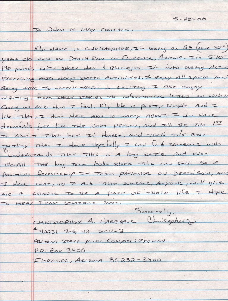 Christopher Hargrave Penpal Request