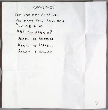 One of the anthrax letters, dated 09-11-01