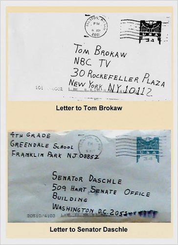 Anthrax letter envelopes sent to Tom Brokaw and Senator Daschle