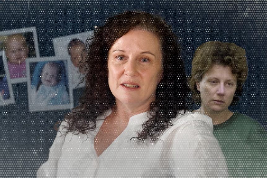 Kathleen Folbigg then and now, with photos of her children